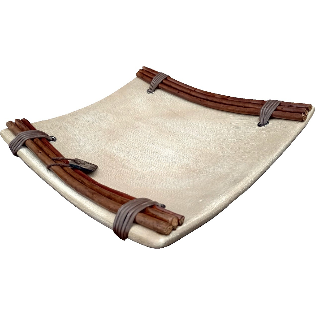 Fruteira/Centro de Mesa de Cerâmica Estilo Rústico com Fibra de Junco e Bambu