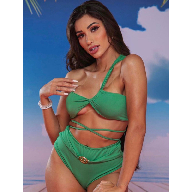 conjuto de biquíni cintura alta hot pants com fivela semi fio