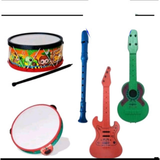 KIT 5 BRINQUEDOS KIT MUSICAL FLAUTA,TAMBORZINHO,PANDEIRO,GUITARRA INFANTIL,VIOLÃO