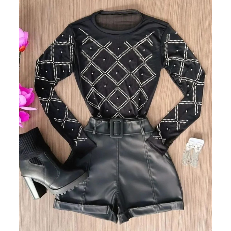 Conjunto Feminino Bory Tule Pedrarias E Short Couro