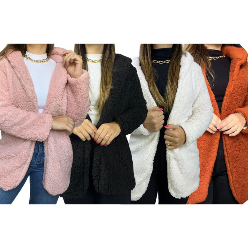 Casaco Max Teddy Sobretudo Jaqueta Blusão Blusa Feminino Capuz Touca Forrado Peludo Pelo Frio Inverno Quentinho