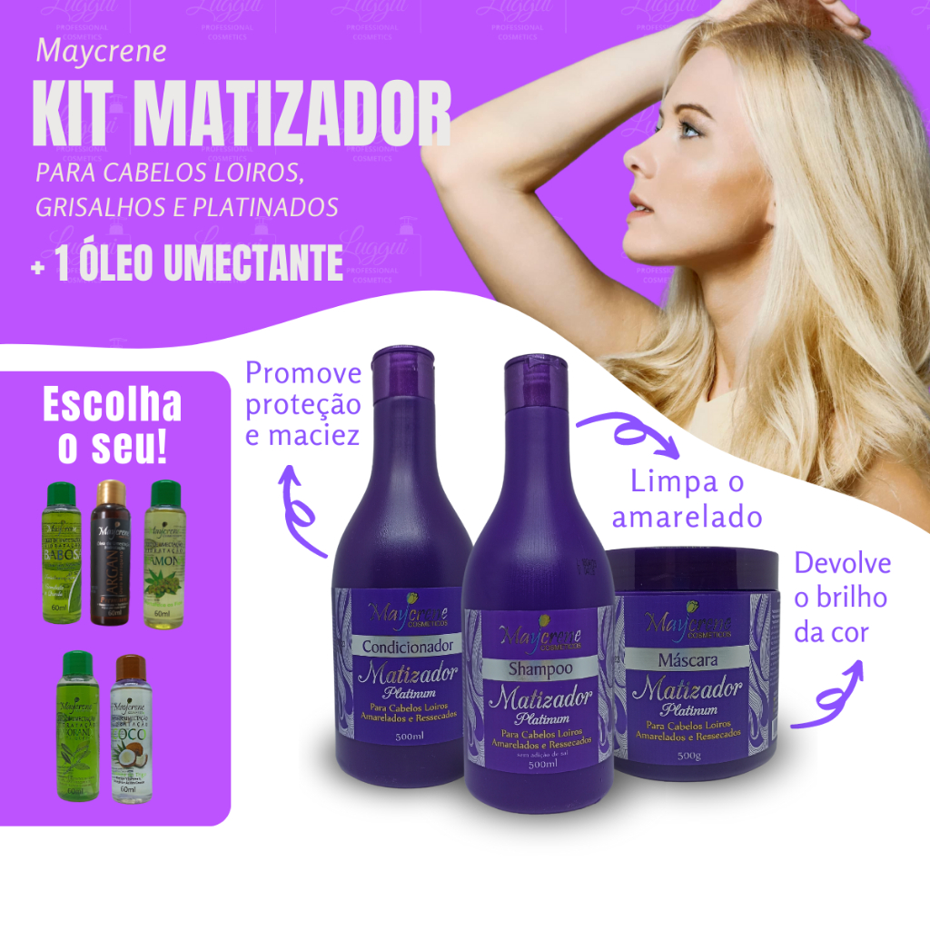 Kit Matizador Platinum Maycrene 3X500ml mais Óleo Umectante, ideal para cabelos loiros, brancos ou grisalhos. Renova e realça