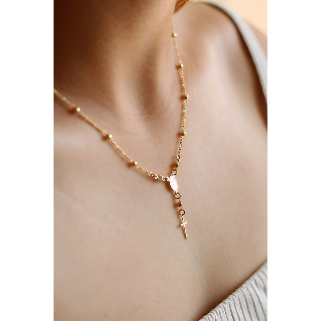 Colar Terço com Cruz Semi Joia Banhado Ouro 18k