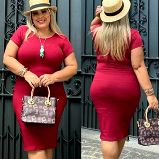 Vestido Midi Plus Size Manga Curta Canelado