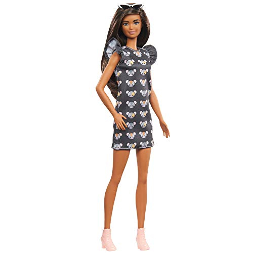 Boneca Barbie Fashionistas 140 Cabelo Longo Morena Vestido estampado de Ratinho GYB01 - Mattel