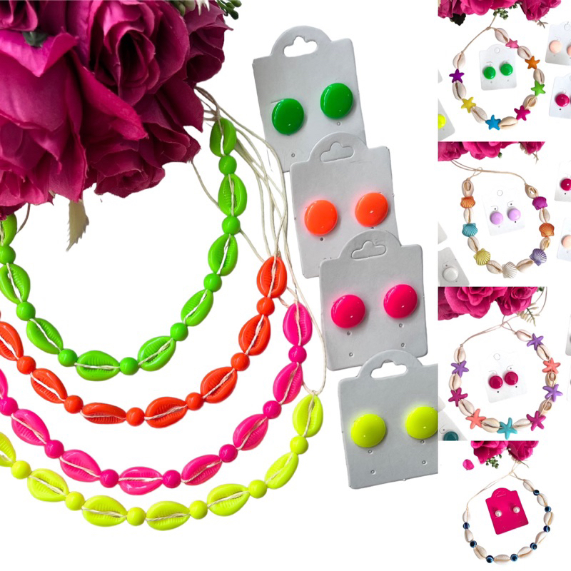 Kit Colar Choker de búzios feminino verão moda praia piscina coloridos brinco botão resina ou pérola em Oferta na Shopee