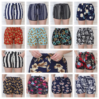 Shorts Crepe Aleatório Estampada Florida Elastano Feminina Praia