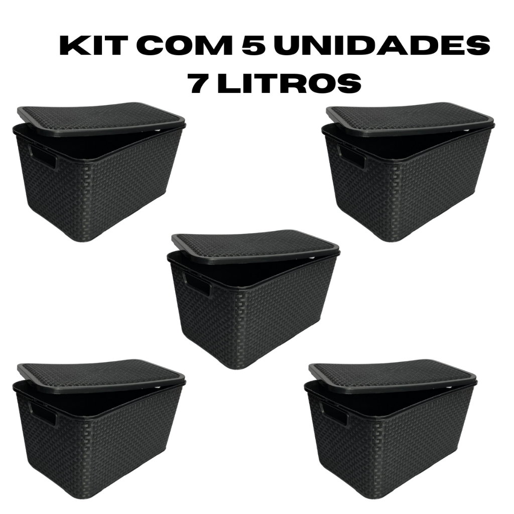 Cesto Organizador Rattan Preto Com Tampa Caixa Organizadora 7 litros Para Armário, Gaveta, Lavanderia Reforçada