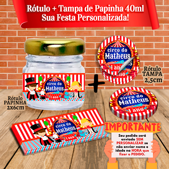 Rótulos adesivos para Papinhas e Tampas de 40ml 40g Circo Menino Bolofofos e Outros Temas