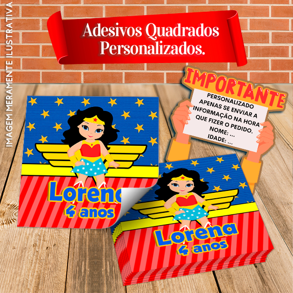 Adesivos Quadrados Personalizados Mulher Maravilha Morena ou Negra Cute Baby infantil
