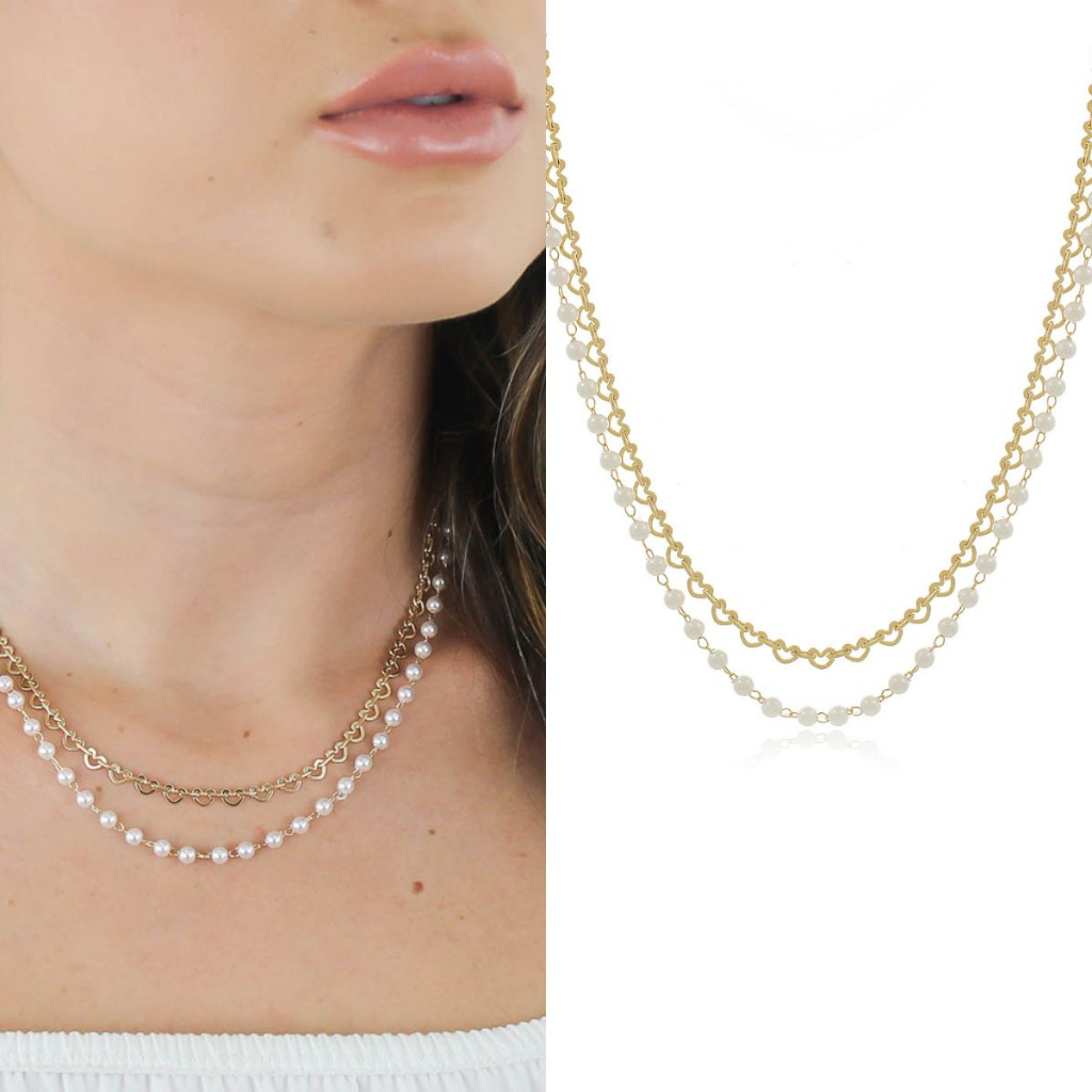 Colar Choker de Corações e Perolas Semi Joia Banhado Ouro 18k