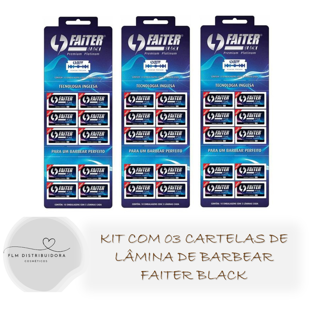 Kit com 03 Cartela Lâmina Faiter Descartável Barbear Black Premium Platinum - Tecnologia Inglesa 50un