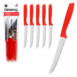 Kit com 6 Faca de Mesa, Churrasco Talher de Aço Inox 22cm com Cabo Colorido Linha Original