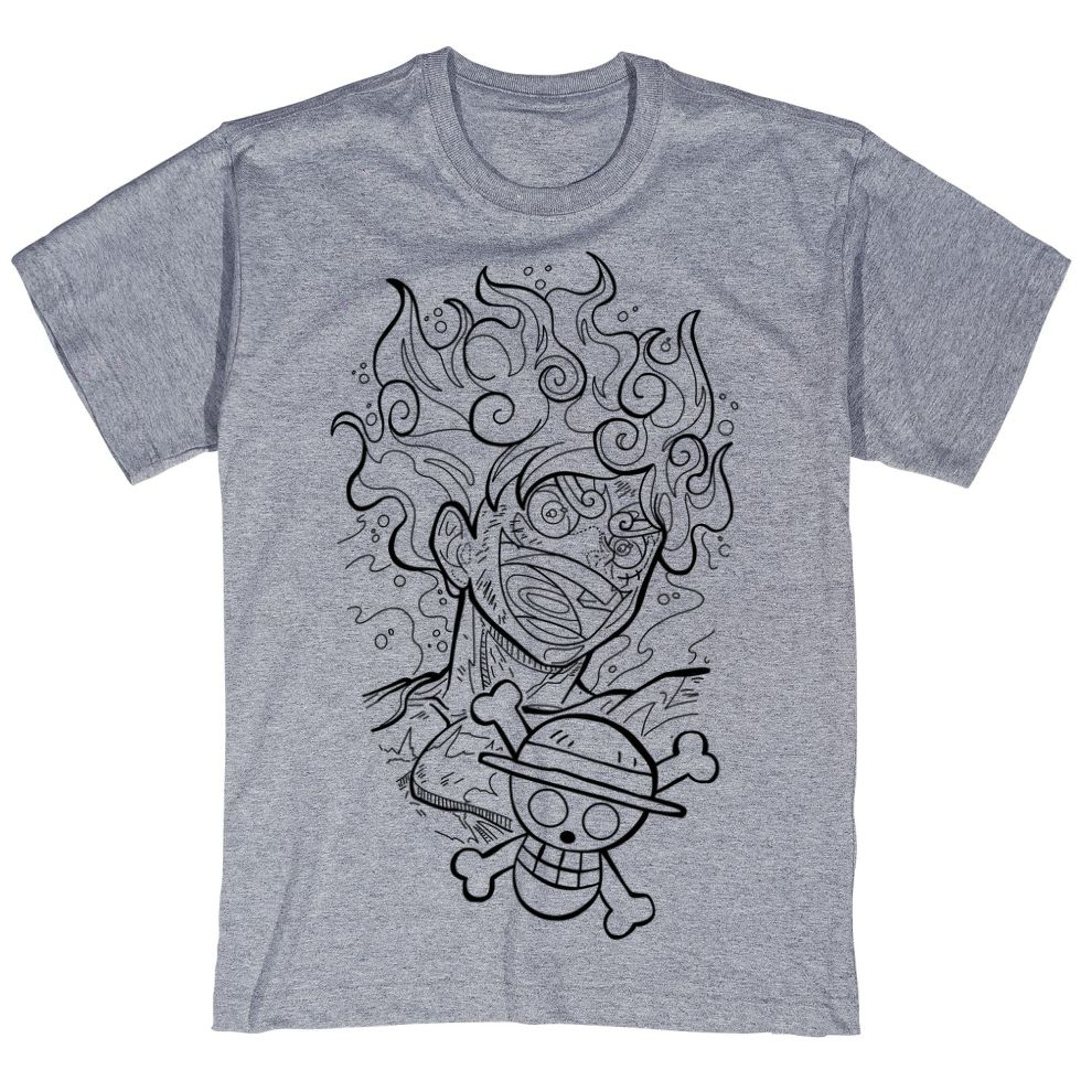 Camiseta Camisa Anime One Piece Cinza Mescla Line Arte Luffy Gear 5