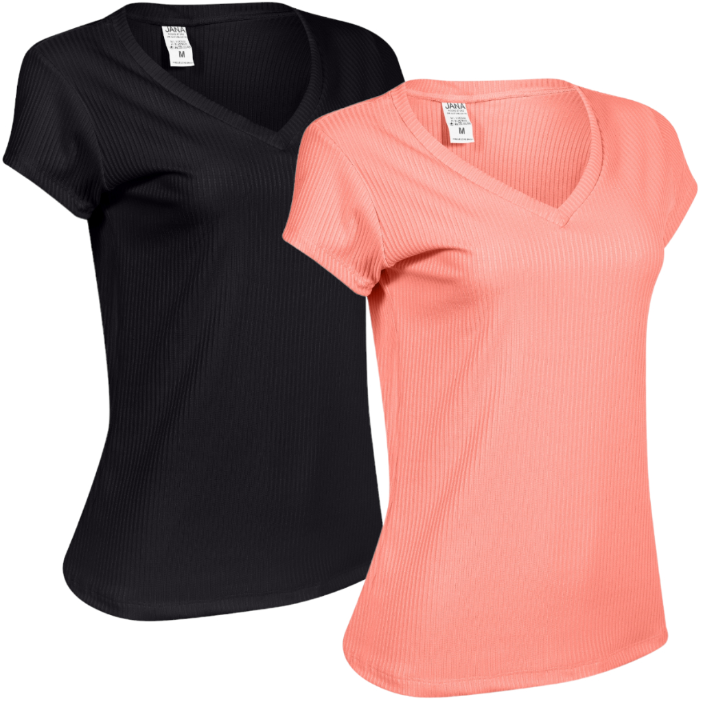 2 Blusinhas Feminina Slim Canelada+elastano  Algodão Gola V