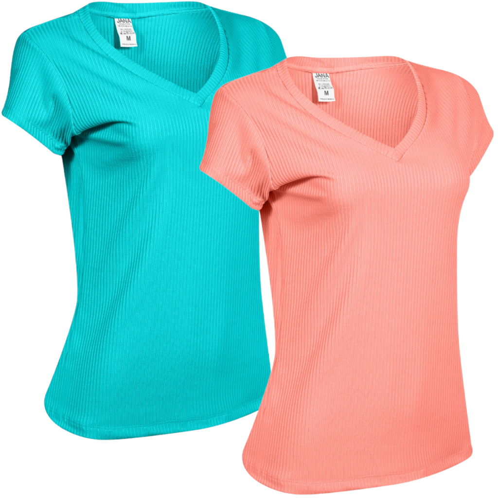 2 Blusinhas Canelada+elastano Feminina Slim Algodão Gola V