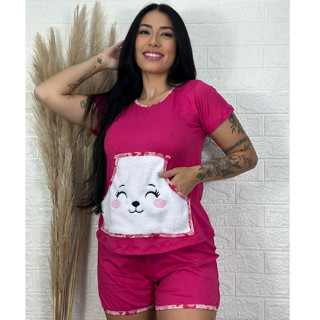 Baby Doll Suede Adulto Conforto Pijama Curto Feminino Roupa de Dormir Short Doll Verão Linha Noite com bolsinho