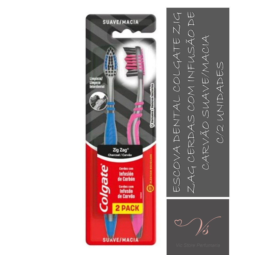 Escova Dental Colgate Zig Zag Cerdas c/ Infusão de Carvão Suave/Macia c/2 Unidades em Oferta na Shopee