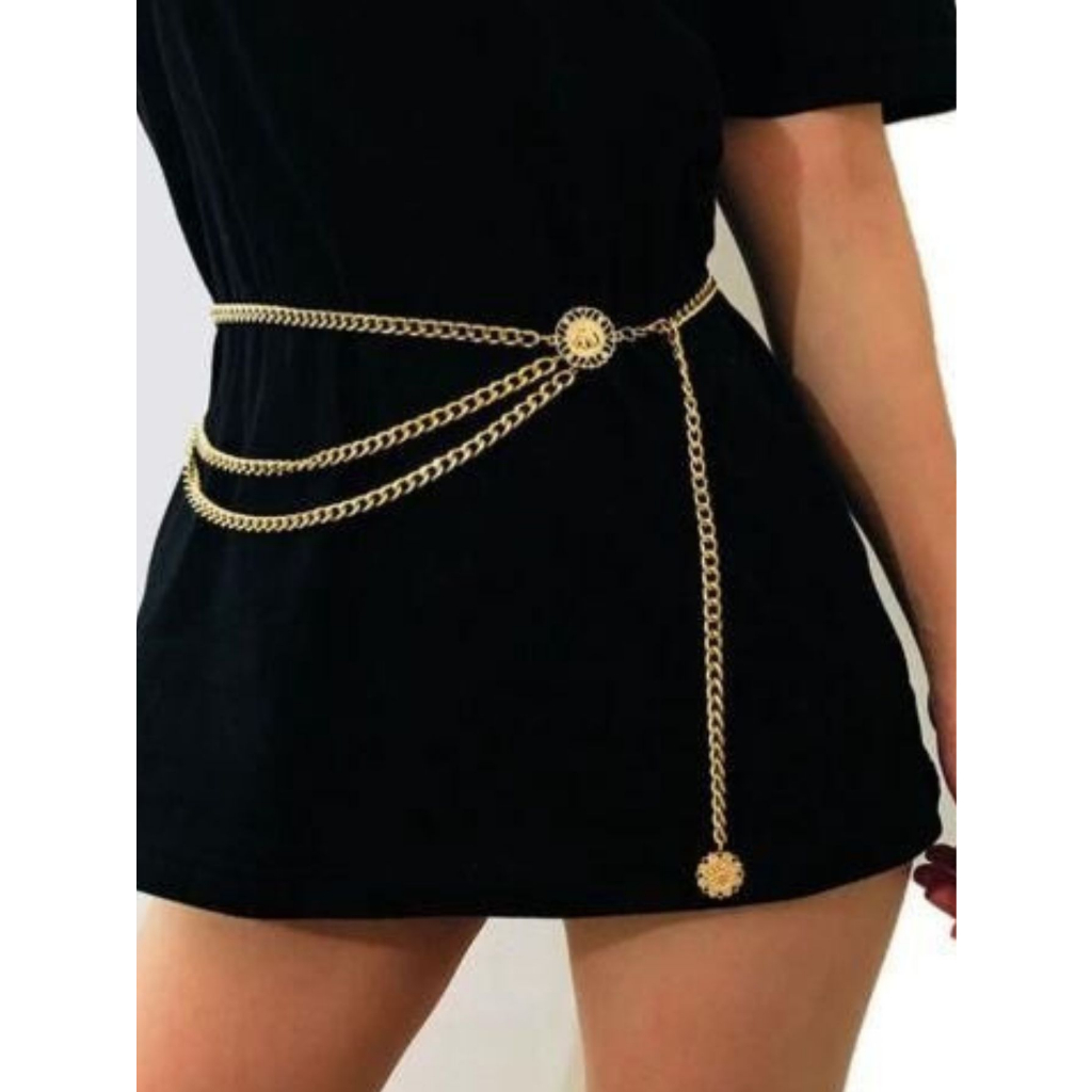 Cintos Feminino Com 3 Corrente dourado e prata De Metal importado 03 em Oferta na Shopee