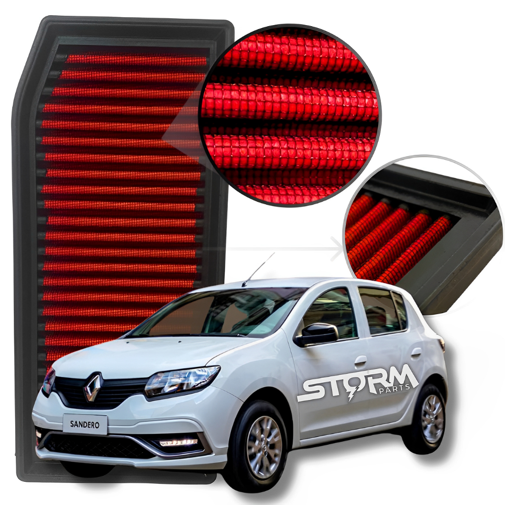Filtro de Ar Esportivo Renault Sandero Motor 1.0 2017 a 2022 12v 3 Cilindros Flex Expression Sce Authentique Zen Gt Line Vibe Life Plus 2018 2019 2020 2021 Potencia lavável reutilizável
