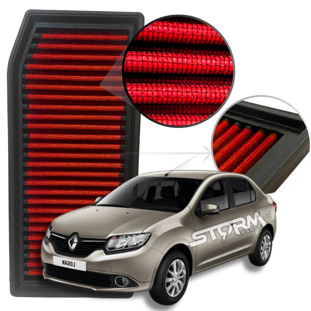 Filtro de Ar Esportivo Renault Logan motor 1.6 12v Flex ano 2017 a 2022 Rs Filter sedan Expression Sce Zen Hi-power Advantage Iconic X-tronic Intense 2018 2019 2020 2021 Lavável reutilizável