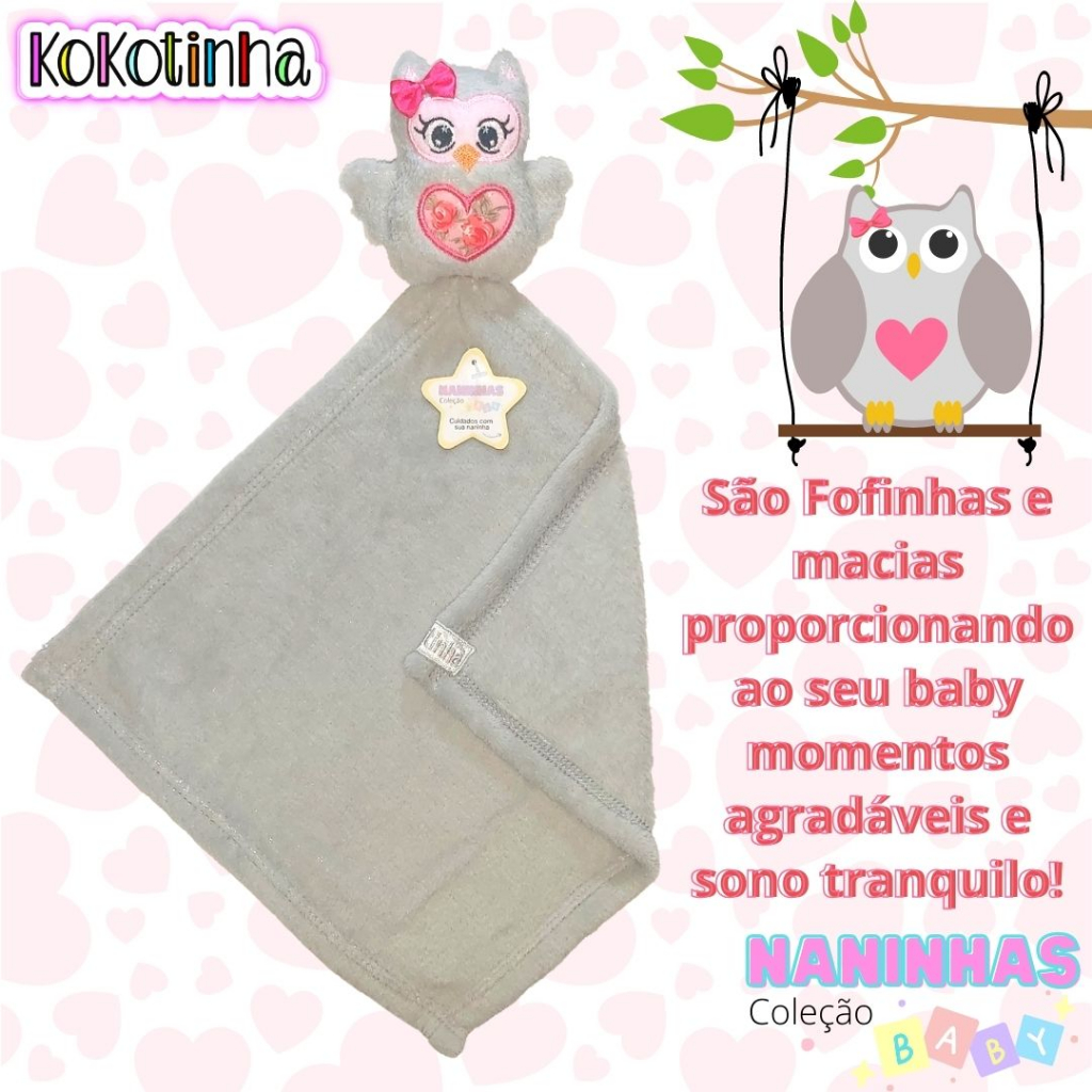 Naninha corujinha menina com coração - mantinha para bebês - naninha com bichinho para meninas