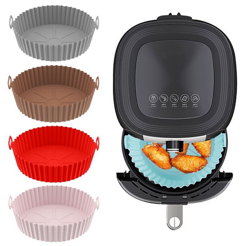 Cesto de Silicone Redondo Air Fryer e Forno Forma para Fritadeira Elétrica com Alça