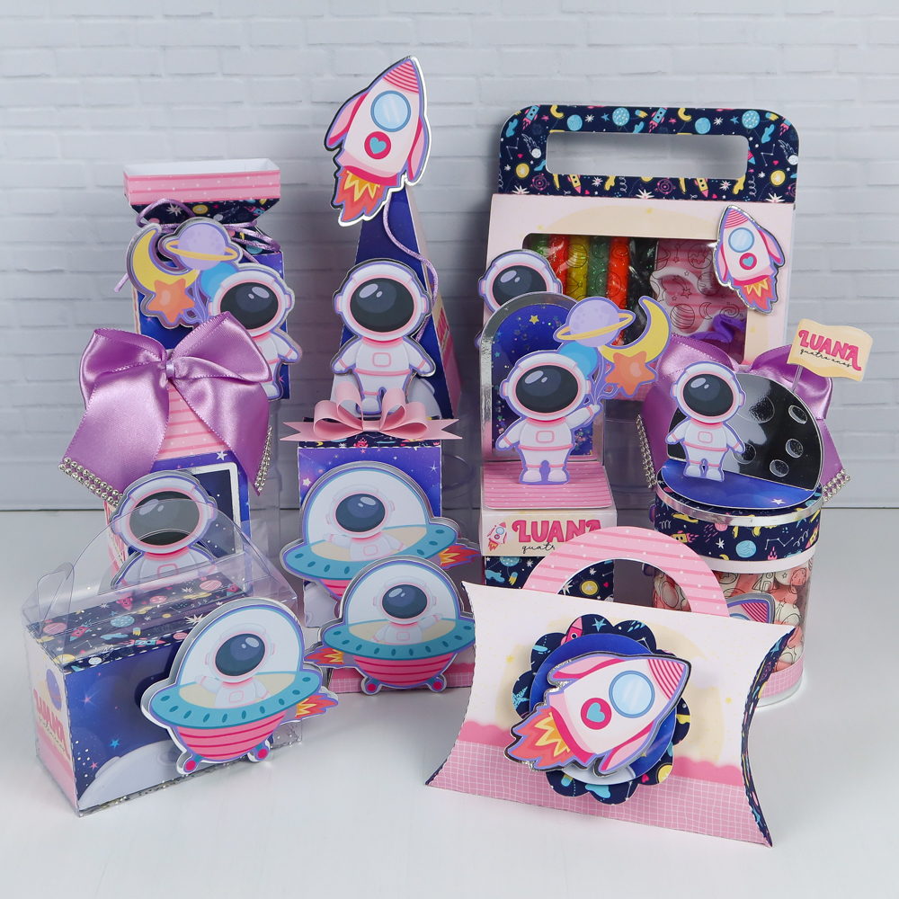Kit de caixinhas personalizadas, milk, cone e sushi, lembrancinhas, decoração Kit de festa aniversário astronauta feminino para meninas