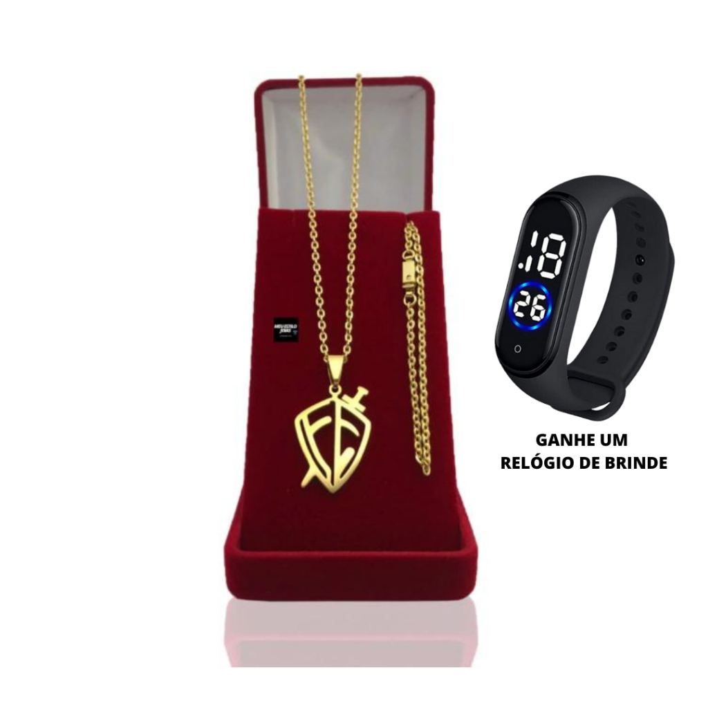Corrente Masculina Banhada a Ouro Cadeado 2mm Com Pulseira e Pingente Escudo Da Fé + Relógio Digital Prova Dagua