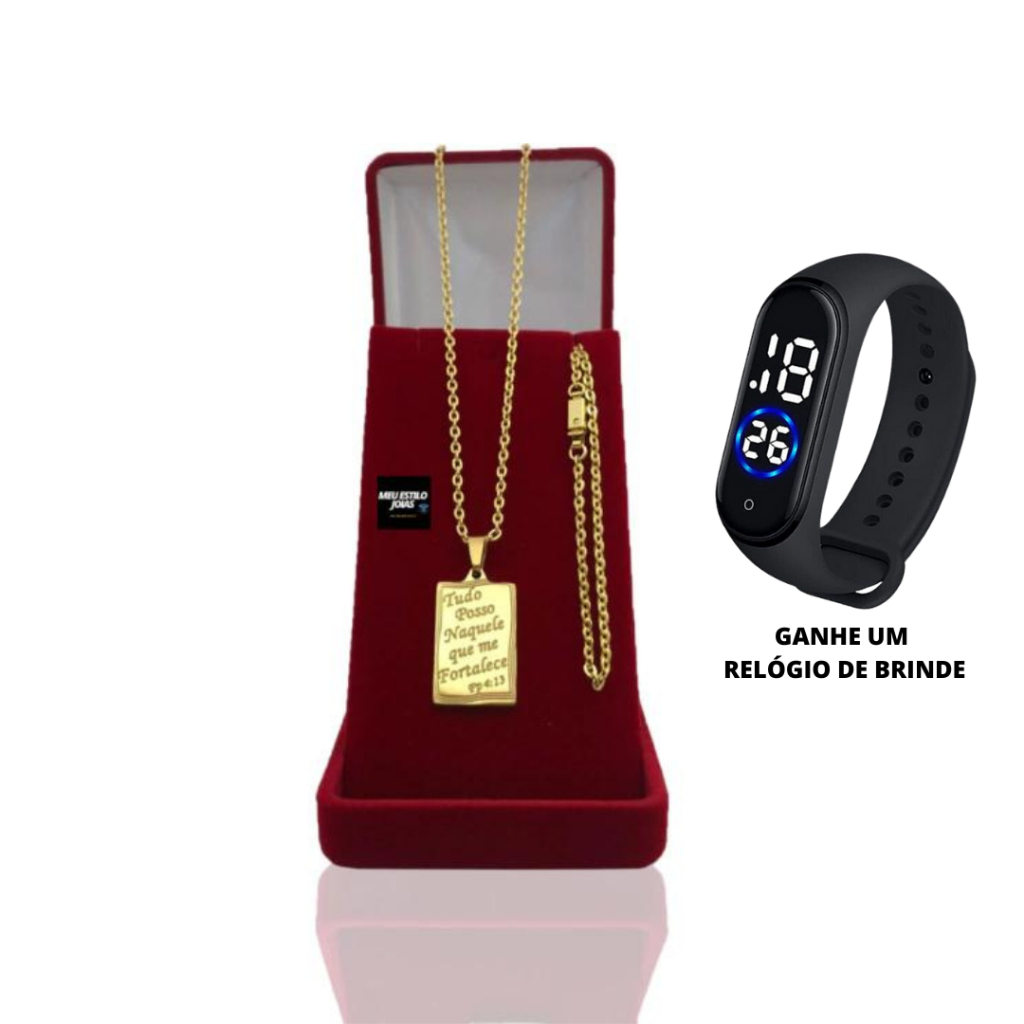 Corrente Masculina Banhada a Ouro Cadeado 2mm Com Pulseira e Pingente Tudo Possso + Relógio Digital Prova Dagua
