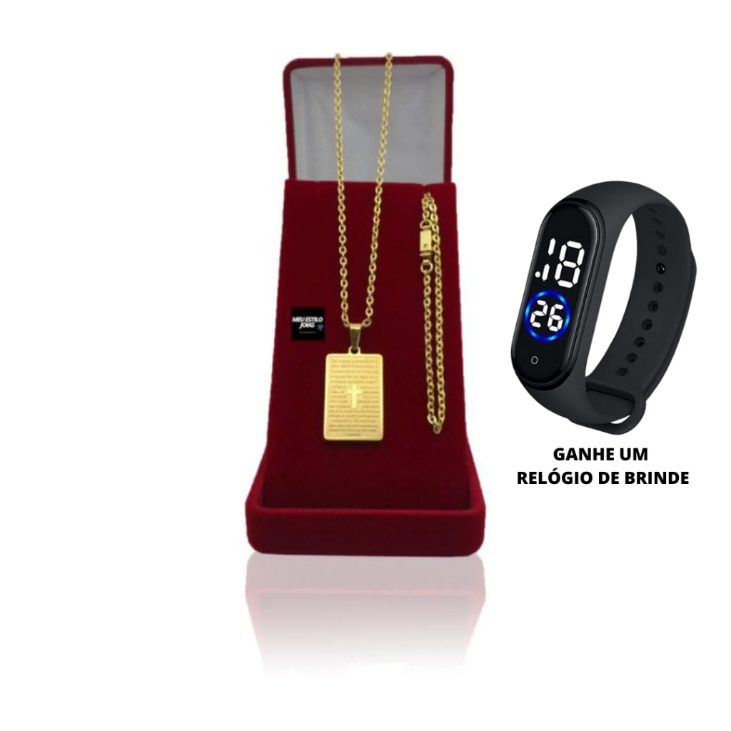 Corrente Masculina Banhada a Ouro Cadeado 2mm Com Pulseira e Pingente Pai Nosso + Relógio Digital Prova Dagua