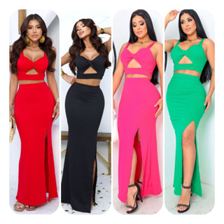 Conjunto feminino - Conjunto Saia e Cropped Com Bojo malha canelado Elegante