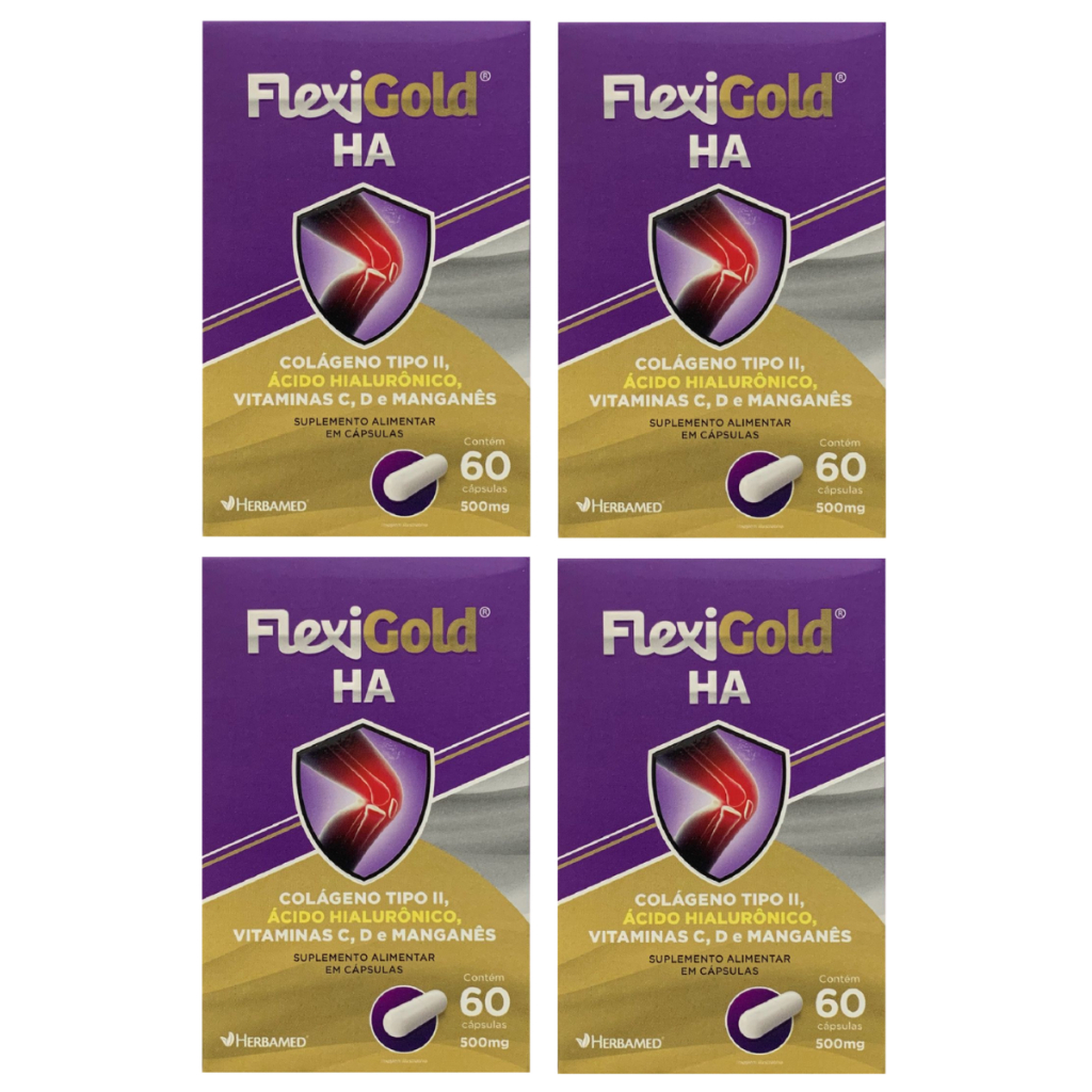 Kit 4 Caixas Flexigold Ha Colageno Tipo 2 Ácido Hialuronico Vitaminas C,D e Manganes 60 Capsulas