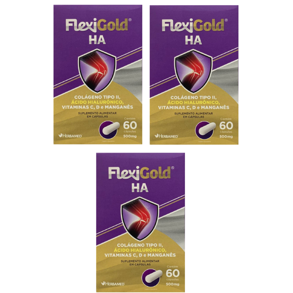 Kit 3 Caixas Flexigold Ha Colageno Tipo 2 Ácido Hialuronico Vitaminas C,D e Manganes 60 Capsulas