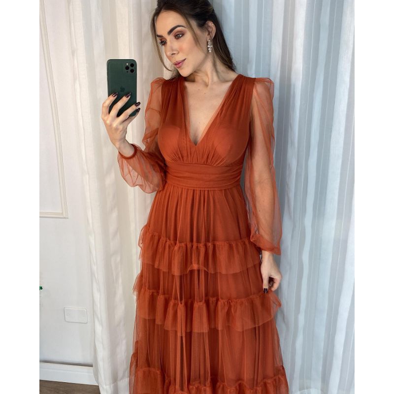 Vestido festa madrinha Casamento manga longa lançamento 2026