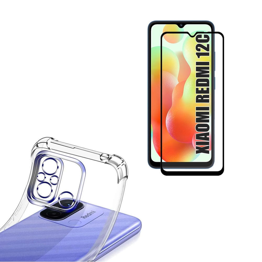 Capa Anti Impacto Redmi 12C Capinha Transparente Com Borda + Película De Vidro 3D Celular Xiaomi Redmi 12 C