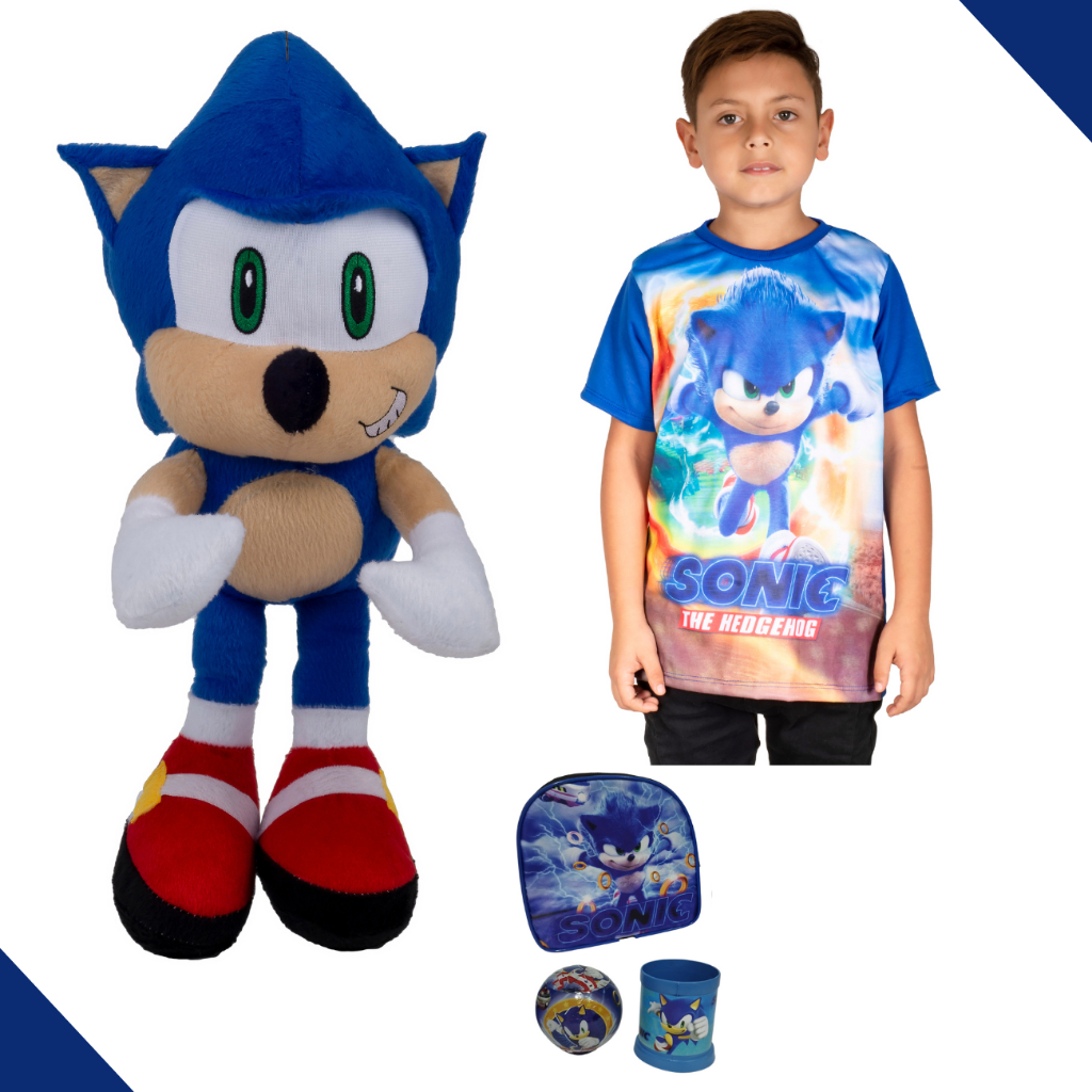 Kit de 5 Itens Com Boneco Pelucia do Sonic + Camiseta + Caneca Mochila Bola Surpresa