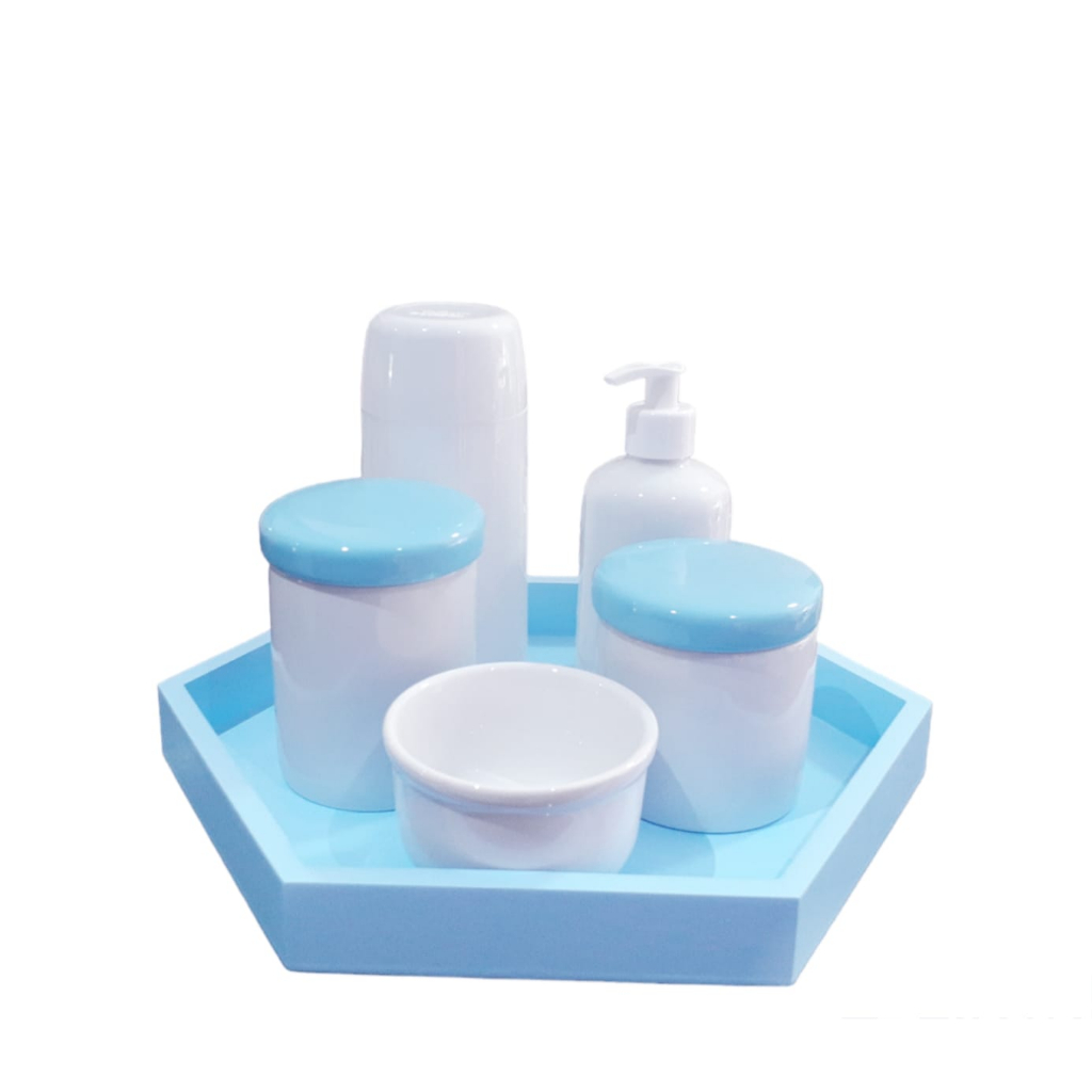 Kit Higiene Bebê porcelan bandeja azul maternidade garrafinha térmic saboneteira liquida porte alcool em gel cuidados