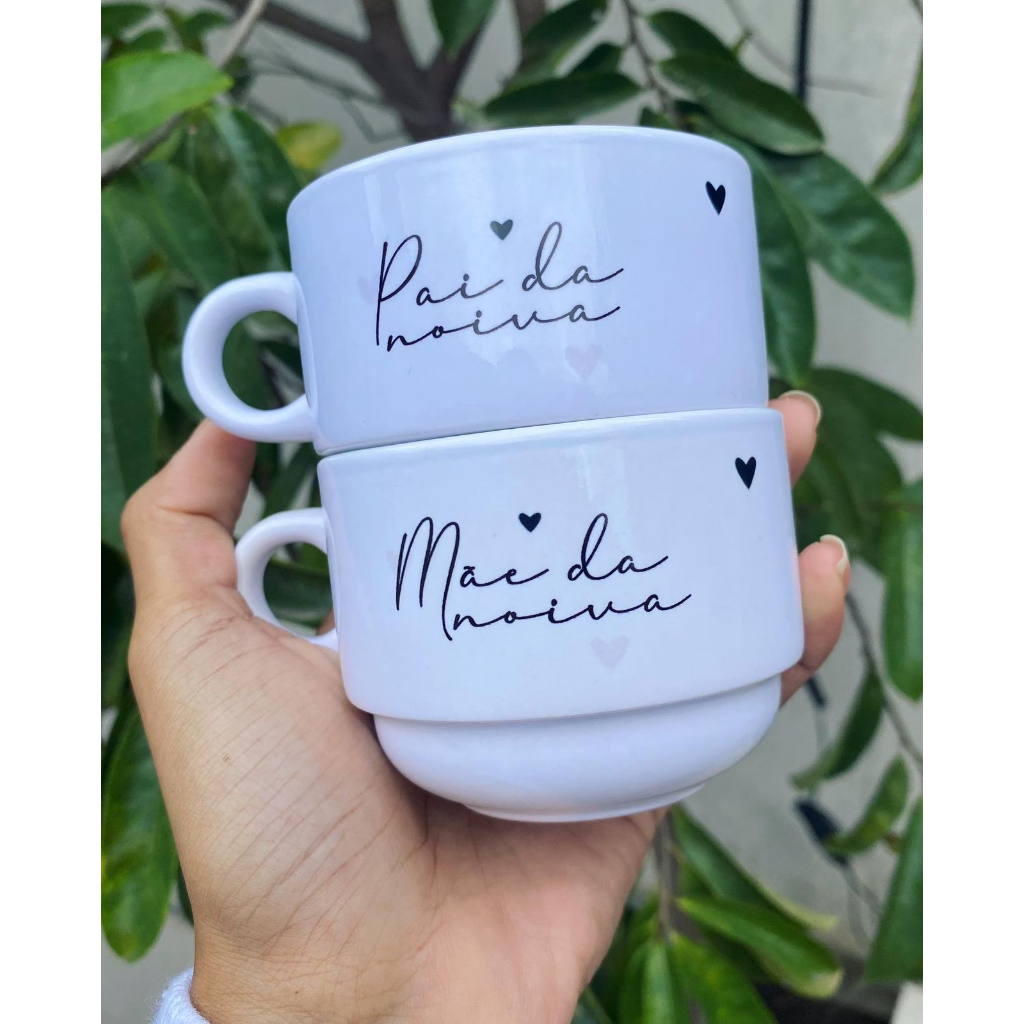 KIT  Xícaras Personalizadas Minimalista Corações Casamento Pai e Mãe dos noivos, Padrinhos Etc