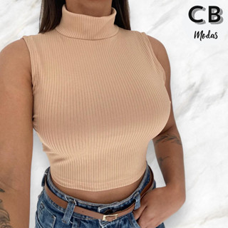 Cropped Canelado Regata Gola Alta Blusinha Meia Estação