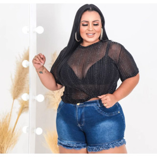 Blusa Plus Size Manga Curta Em Tule Com Brilho Fios Lurex Coleção Festas Fim De Ano