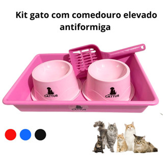 Kit gato - 1 Bandeja higiênica, 1 pá e 2 comedouros elavados antiformiga 250mL.