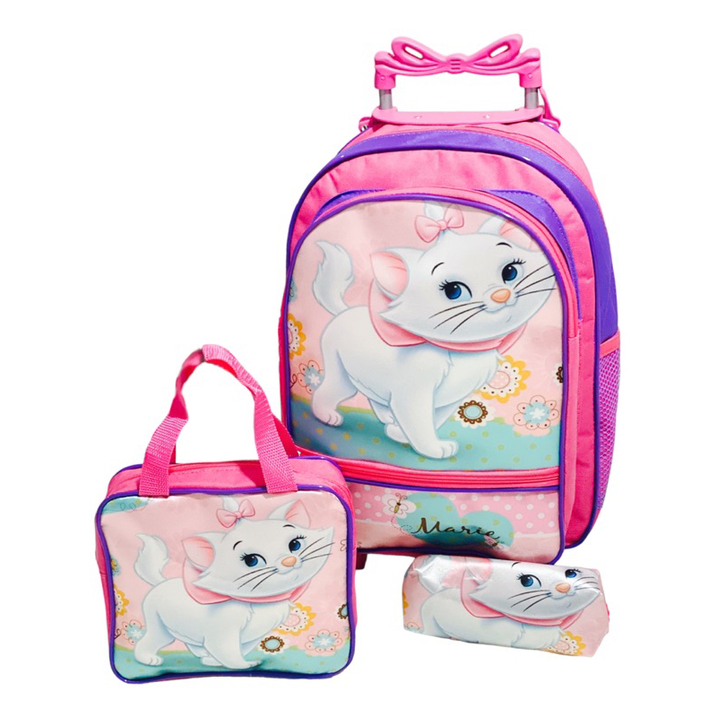 KIT ESCOLAR INFANTIL MOCHILA COM RODINHAS 3 ITENS GATINHA MARIE GATA MARIE