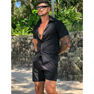 conjunto masculino shorts e camisa liso viscose