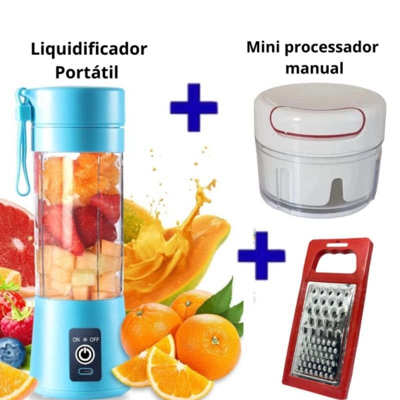 Mini Liquidificador 380ml - 6 lâminas portátil + cabo carregador USB