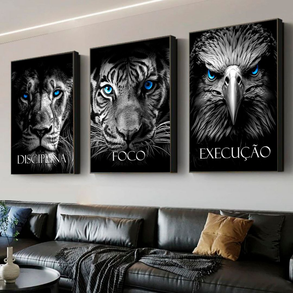 Quadro Decorativo Leão Leopardo Aguia Disciplina Foco Execução Foco Objetivo Luta Conquista Motivação