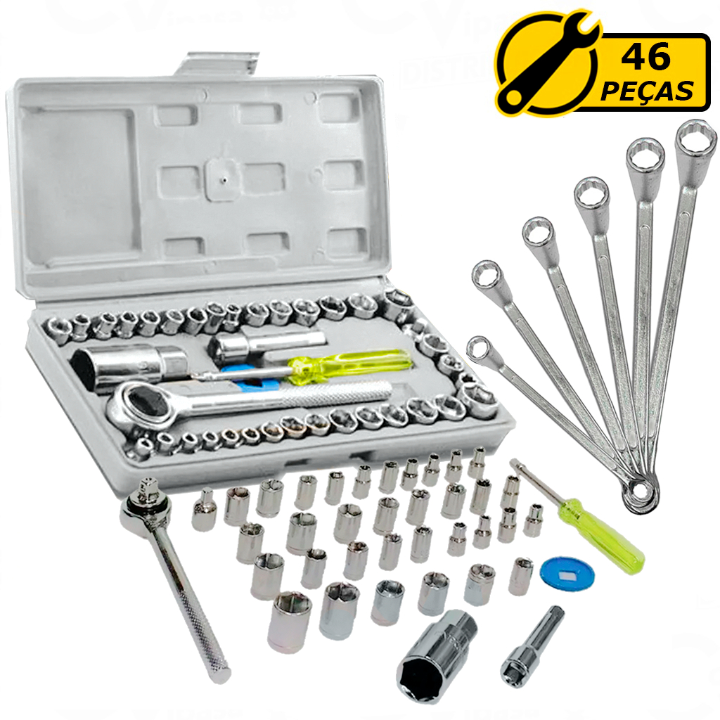 Kit Jogo De Ferramenta 46 Peças Soquetes Canhão Chave Catraca Reversível Boca Estrela Várias Medidas em Oferta na Shopee