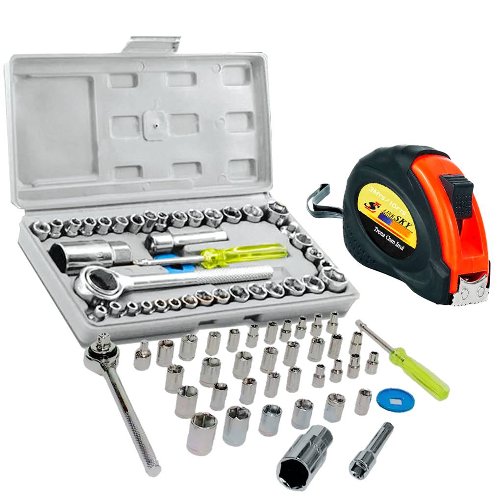 Kit Jogo Chave Catraca Reversível Soquetes 40 Peças + Maleta + Trena Emborrachada 3m Sortidos - Home & Living