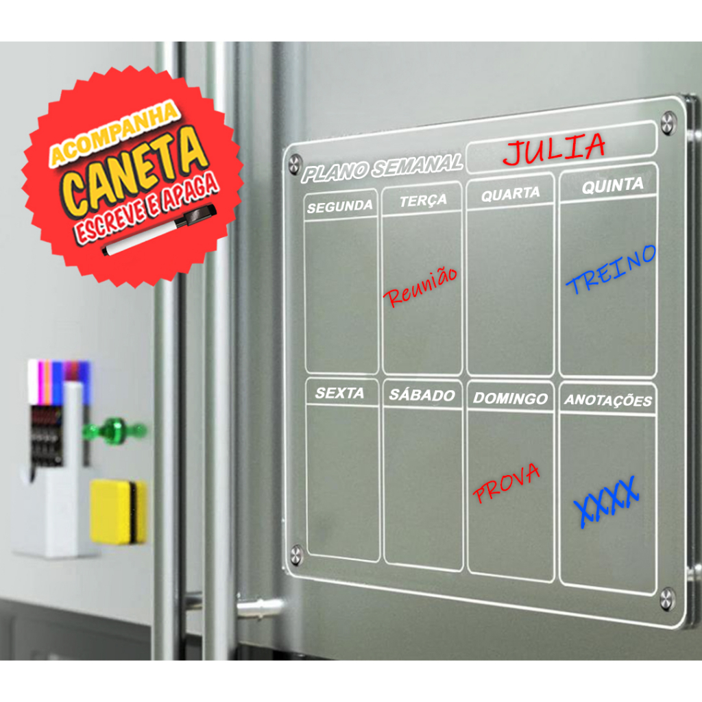 Lousa Ímã De Geladeira Planner Calendário Semanal Recados Acrilico Transparente com caneta em Oferta na Shopee