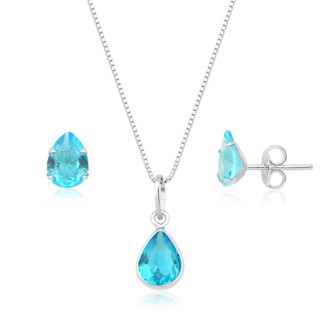 Conjunto Colar e Brincos Gota Azul Tifanny Prata 925